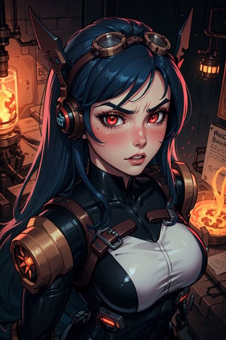 vibrant colors, masterpiece, high-resolution, ultra detailed, top quality, depth of field,cinematic lighting, sci-fi, vivid colors, (beautiful detailed eyes), (perfect face), (beautiful face), steampunk theme, glowing (steampunk:1.2) theme, '((android girl))', v-shaped eyebrows, angry, blush, (blue hair:1.3), shiny hair, disheveled hair, sidelocks, very long hair, (goggles), '((red neon trim exoskeleton))', headgear, (glowing red eyes:1.2), (from oblique:1.1), (from above)