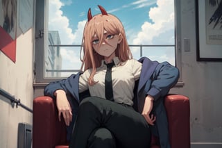  this is some anime poster with a girl looking into the camera with her eyes open and her cheeks spread, chsawpower, cross-shaped pupils, long hair,blue jacket, collared shirt, necktie, black pants,crossed legs, sitting,