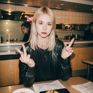 1boy, male focus, pale tattooed attractive pretty man with soft beautiful long white blond hair wearing black leather jacket and black shirt wearing necklace, neck tattoos, tattooed neck, face, selfie, dark, white blond hair, flash, people in background, at a fast food restaurant, diner, sitting in a diner booth, elbows on table, flipping off camera, middle finger, pov across table, booth seating, indoors, pov across table, looking at viewer, leaning on table, middle finger