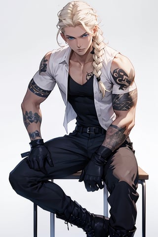 1boy, male focus, solo, pale tattooed attractive pretty man with soft beautiful long white blond hair, side braid, white blond hair in braid over chest, long hair, blond hair, blue eyes, pale skin, tattoos, tattooed, white ruffled poet shirt, black leather pants, open shirt, black riding boots, black gloves, white background, simple background, single braid, poet shirt, taut pants, frilled shirt, v-neck, pectoral_cleavage,