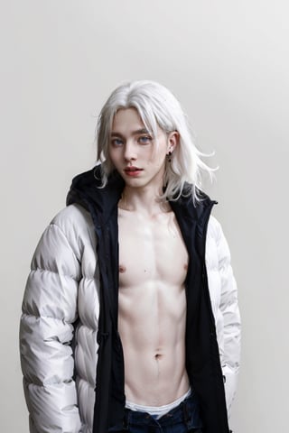 1boy, solo, masterpiece, 25 yo old, male focus, messy shoulder length hair, (((long white hair))), pale skin, hazel eyes, black fluffy coat, (bare chest), earrings, bjork, dove cameron, lucky blue smith, German, simple background, skinny, anorexic, underweight, attractive, beautiful, caucasian, white, s0ftabs,oversized_puffer_jacket,Germany Male