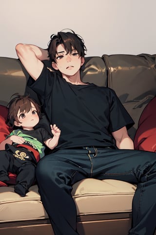 masterpiece, 1boy, couch, 1baby, infant laying on  couch, sitting, brown hair, gray eyes, black t-shirt, black pants, bored