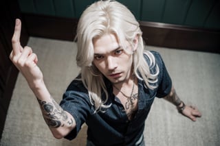 1boy, male focus, solo, pale tattooed attractive pretty man with soft beautiful long white blond hair, white blond hair, long hair, blue eyes, pale skin, tattoos, tattooed, black open button-down shirt, showing chest, open shirt, short sleeves, diamond chain necklaces, party, indoors, middle finger, standing, wide angle shot, from above, looking up, looking at camera, camera, middle finger