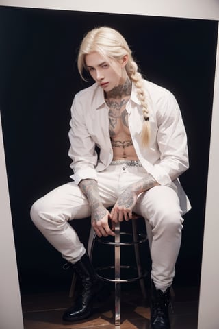 1boy, male focus, solo, pale tattooed attractive pretty man with soft beautiful long white blond hair, side braid, white blond hair in braid over chest, long hair, blond hair, blue eyes, pale skin, tattoos, tattooed, white ruffled poet shirt, black leather pants, open shirt, black riding boots, black gloves, white background, simple background, single braid, poet shirt, taut pants, frilled shirt, v-neck, pectoral_cleavage, full body, long sleeves, lace-up_top, cross-laced_top, frills, 