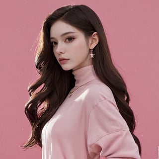 portrait of a woman, pink theme, long hair, dark brown hair, wavy hair, pale skin, caucasian, dfdd, facing_away, simple background, from_behind, viewed_from_behind, 