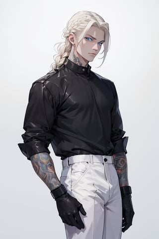 1boy, male focus, solo, pale tattooed attractive pretty man with soft beautiful long white blond hair, side braid, white blond hair in braid over chest, long hair, blond hair, blue eyes, pale skin, tattoos, tattooed, white ruffled poet shirt, black leather pants, open shirt, black riding boots, black gloves, white background, simple background, single braid, poet shirt,