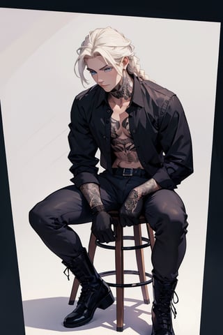 1boy, male focus, solo, pale tattooed attractive pretty man with soft beautiful long white blond hair, side braid, white blond hair in braid over chest, long hair, blond hair, blue eyes, pale skin, tattoos, tattooed, white ruffled poet shirt, black leather pants, open shirt, black riding boots, black gloves, white background, simple background, single braid, poet shirt, taut pants, frilled shirt, v-neck, pectoral_cleavage, full body, long sleeves, lace-up_top, cross-laced_top, frills, 