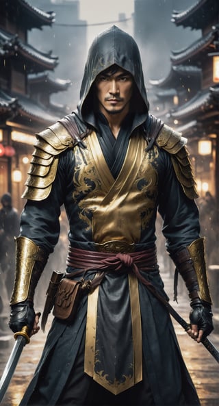 Imagine A skilled Hooded Bruce Lee, shrouded in shadows, Wearing Gold and Black Assassins Creed Revelations Style Armor and robe, Surrounded by enemies, Armed with a (Katana), on the streets of Tokyo, Kung Fu Pose, (Mid Body shot:1.2), (((Midnight Medieval Japan background))), sensual, beautiful, mesmerizing, concept art, highly detailed, artstation, behance, deviantart, inspired by innocent manga, inspired by Video game concept art, trending, ayami kojima, shinichi sakamoto, Extremely Realistic, 8K Kodak Golden shot