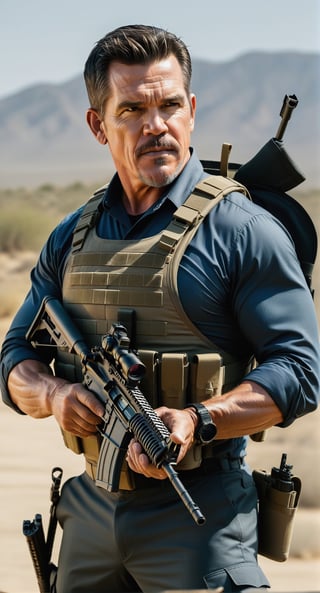 Josh Brolin, rifle in hands, U.S Special forces operative, Sicario day of the soldado style, (dynamic pose, random pose, modeling:1.4) uhd, Kodak provia 100f, exquisite detail, natural lighting, style raw,Extremely Realistic