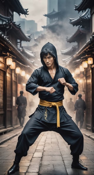 Imagine A skilled Hooded Bruce Lee, shrouded in shadows, Dragon symbol on his top, On the streets of Tokyo, Kung Fu, high kick Pose, (Mid Body shot:1.2), (((Midnight Medieval Japan background))), sensual, beautiful, mesmerizing, concept art, highly detailed, artstation, behance, deviantart, inspired by innocent manga, inspired by Video game concept art, trending, ayami kojima, shinichi sakamoto, Extremely Realistic, 8K Kodak Golden shot