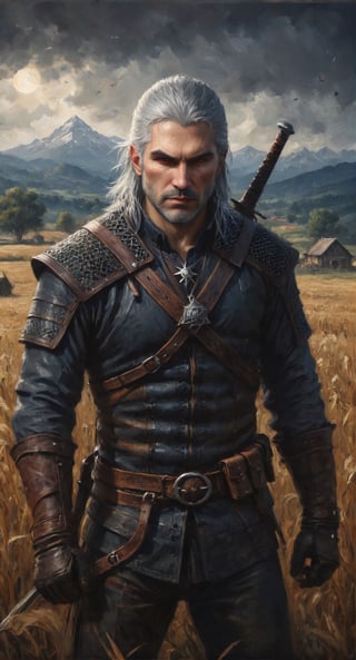 Geralt Of Rivia, The Witcher, wearing, traditional withcer chaimail and leather gear, fighting a strigoi, ((Midnight Polish farmland Background)), mid body portrait, sensual, beautiful, mesmerizing, concept art, highly detailed, artstation, behance, deviantart, inspired by innocent manga, inspired by Scream movie concept art, trending, ayami kojima, shinichi sakamoto, Extremely Realistic, 8K Kodak Golden shot.,digital painting