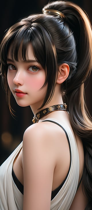 Here is a prompt that meets your requirements:

A breathtaking close-up portrait of an 18-year-old beauty with striking features. Her long black ponytail cascades down her back, framing her heart-shaped face with symmetrical eyes and delicate facial structure. The high-top fade hairstyle adds a touch of edginess to her otherwise angelic appearance. The frontal view showcases her stunning features in exquisite detail, as if captured by a master painter. In this 8k concept art piece, Greg Rutkowski's style merges with the likes of Artgerm, Wlop, Alphonse Mucha, Beeple, and Caravaggio to create a masterpiece that embodies Unreal Engine 5's volumetric lighting and perfect composition. The subject's gaze directly into the camera exudes confidence and allure, as if she's about to reveal a hidden secret. This photorealistic concept art is reminiscent of oil on canvas masterpieces, with intricate details and soft, natural lighting that transports us to an ethereal realm.