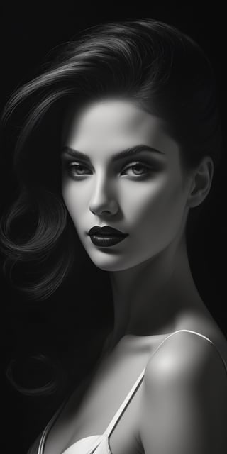 A stunning, high-resolution masterpiece in black and white. A shadowy figure emerges from the darkness, striking a graceful pose that exudes feminine allure. The mysterious eyes and lips are painted with subtle detail, while sleek curves define ravishing beauty. Artistic expression is amplified by dramatic lighting, creating contrast and emphasizing implied sensuality. A twisted silhouette adds dark elegance to the composition, evoking a moody atmosphere. Fluid lines blend seamlessly into high-contrast areas, crafting a fine art monochrome piece that's both contemporary and sophisticated. The visual poetry unfolds through creative composition, leaving a striking, innovative impression.