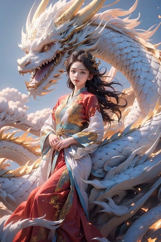 masterpiece, top quality, best quality, official art, (beautiful and aesthetic:1.3), (beautiful 1girl:1.5), (dragon:1.5) long hair, red hanfu fashion, chinese dragon flying in the sky, golden line, (black and red clothes:1.4), volumetric lighting, ultra-high quality, photorealistic, small waist, tang dynasty background, dynamic pose, detailed_background, 8k illustration, DonMChr0m4t3rr4, A beautiful girl posing with back turned to the viewer, High detailed, (blue sky scenery:1.4), close up shot, strong wind, long hair