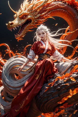 masterpiece, top quality, best quality, official art, beautiful and aesthetic:1.3), (1girl:1.4), white color hair, red hanfu fashion, chinese dragon flying in the sky, golden line, (black and red theme:1.5), volumetric lighting, ultra-high quality, photorealistic, sky background, dynamic pose, detailed_background, 8k illustration,wearing wrenchpjbss