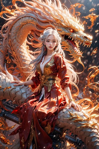 masterpiece, top quality, best quality, official art, beautiful and aesthetic:1.3), (1girl:1.4), white color hair, red hanfu fashion, (chinese dragon:1.3) flying in the sky, golden line, (black and red theme:1.5), volumetric lighting, ultra-high quality, photorealistic, sky background, dynamic pose, detailed_background, 8k illustration,wearing wrenchpjbss, (raining:1.5),mecha