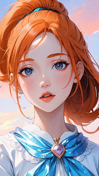 ((((magical girl, orange hair, soft skin, colorful sky background, black eyes)))), ((((ponytail)))), ((((white blouse with blue jeans)))), (((white sneakers))), (masterpiece, best quality:1.2), fluffy, soft, light, bright, sparkles, twinkle, slightly downcast eyes, cute, (crystals), masterpiece, best quality, extremely detailed, Female profile, Delicate features, High resolution, (full_body),1 girl,SGBB