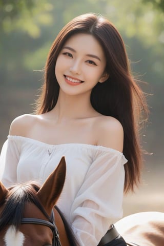 1 woman, on a horse, Taiwanese, tulle t-shirt, long riding breeches , 18 years old,  beautiful face, huge breasts, long straight hair,  smile, looking at the viewer,  (photorealistic, raw photo)