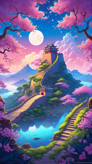 Luminous Reverie: Purple Trees at Heavenly Dawn, a detailed digital painting by Justin Gerard influenced by Beeple and Jeremiah Ketner, depicting the Great Wall of China, Standing majestically in the middle of the tranquil lake. The vista captures the skylight of the rising moon and brilliant sunrise, illuminating the trees and surrounding cherry blossom grove. Surrounded by the ancient Great Wall, the tree itself seems to exude a peaceful smile, as if in harmony with the rhythm of nature's blossoming flowers. The overall composition is stunningly perfect, capturing the influence of psychedelic art in an incredibly detailed way. How to Draw: Techniques that skillfully blend celestial and psychedelic elements against the backdrop of sunset and sunrise light to create awe-inspiring great compositions with intricate detail. , Mysteriousdd