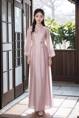 1 girl, hanbok, Korean traditional dress, full body,
 {beautiful and detailed eyes}, calm expression, natural and soft light, beautiful korean girl, eye smile, ( ),  12 yo,aodai