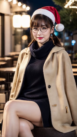 (Best quality, 8k, 32k, Masterpiece, UHD:1.2),Photo of early-twenty Pretty Japanese woman, 1girl, (shoulder length purple ponytail), natural face, double eyelids, glossy plump lips, natural medium breasts, wide hips, long-legged, tall stature, fair complexion, (thick black plastic frame glasses:1.3), (beige coat:1.3), woolen knitted dress, navy pumps heels boots, red scarf, (santa hats:1.3), (midnight, nighttime, dark theme, low key:1.2), dim lit, trees on calm street side, street and shops filled with vivid colors christmas lights, heavy snow, christmas cozy snowy street, sitting on outdoor cafe, crossed-legs, sharp focus, seductive face, sexy eyes, enchanting smile, gaze at camera, from front below, calves focus, ray tracing, overall perspective-based rendering, detailed eyes and facial, detailed real skin texture, detailed hair and fabric rendering, detailed details