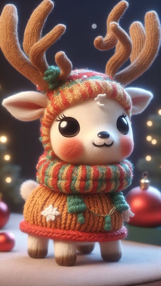 a detailed view photo of a chibi deer made of knitting,simple_night background,hyper detailed, trending on artstation, sharp focus, studio photo,8K,masterpiece,best quality,high resolution,aesthetic portrait,ral-chrcrts,christmas,sweetscape