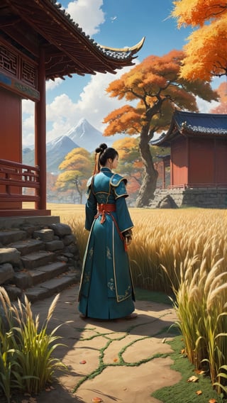 Beautiful ((isekai fantasy)) landscape of field, autumn, dog's tail grass in the ground, one chinese house in the corner, Narashige Koide, Anthropological science fiction, matte painting, cloisonnism, Instagram, asashina, Manga, leaf is falling,zhibi,w00len,ral-chrcrts,DonMPl4sm4T3chXL ,greg rutkowski,woodcute,Chinese_armor,chinese_painting,Digital painting 