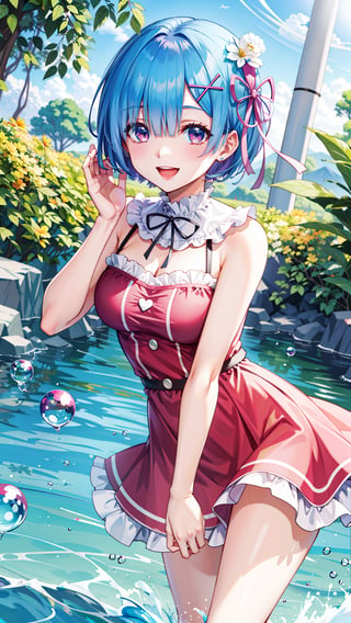 Rem , smiling, open mouth, water droplets, splash, playing in rever, sunny day ,sparkling, plants,  , close view, high quality, anime,nayutaren