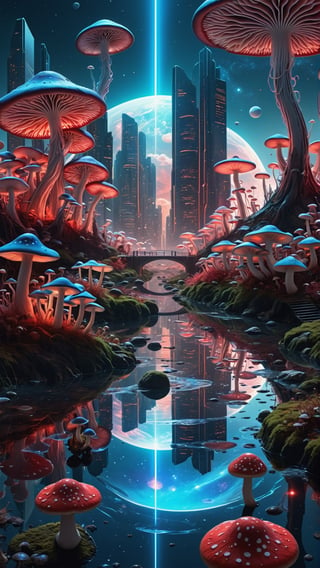 surreal atmosphere, city, future, sci-fi, epic fantasy photo, city illuminated by a red and blue light, with a lot of mushrooms, a stream of water,a city made of crystals, beautiful picture, the sky is full of stars and nebulae and planet, lensflare, dynamic light, 8k, uhd, ultra realistic photo, realistic photography, cinematic view, cinematic angle, best quality, masterpiece,DonMCyb3rSp4c3XL,360 View