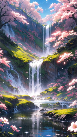 (best quality), (high resolution), (4k resolution), The image is a digital painting of a serene and beautiful landscape. It captures the tranquility of a waterfall cascading down a mountain in the background, with a stone bridge in the foreground. Traditional Japanese buildings, with their characteristic wooden roofs, nestle amidst pink cherry blossom trees, adding a touch of cultural charm. The painting is vertical, lending a sense of depth to the scene. The soft color palette and the peaceful mood of the image evoke a sense of calm and harmony. This artwork is a testament to the beauty of nature and traditional architecture, seamlessly blending them into a captivating visual narrative.,sle