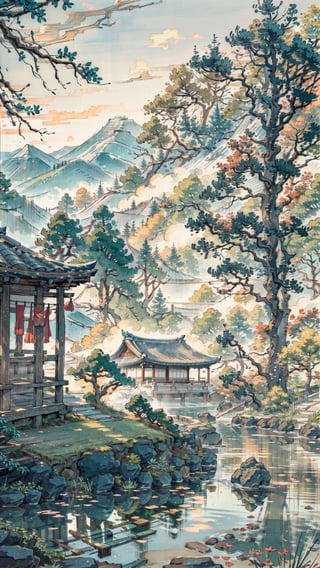 Masterpiece, best quality, ultra-detailed, (no humans: 1.5), distant mountains, ancient Chinese buildings, structurally intact wooden bridges, rivers, boulders, soft natural sunlight, mixed Chinese landscape style elements,japanese_garden_background,LODBG