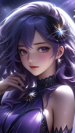 ((masterpiece:1.4)), ((best quality:1.4)), ((ultra_highres)), 8k, 1girl, purple_hair, glitters, super HD, dark, upper_body, purple dress, ultra_detailed, pixiv, trending on danbooru, ((anime style)), niji-5