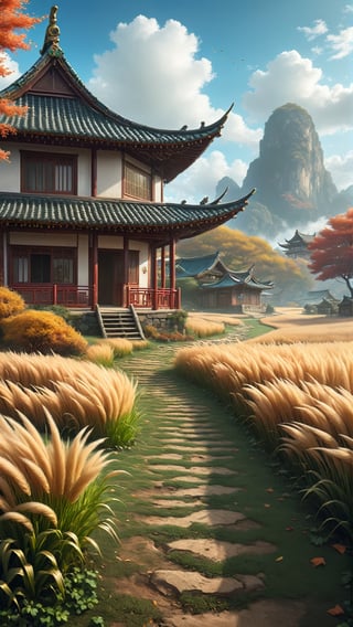 Beautiful ((isekai fantasy)) landscape of field, autumn, dog's tail grass in the ground, one chinese house in the corner, Narashige Koide, Anthropological science fiction, matte painting, cloisonnism, Instagram, asashina, Manga, leaf is falling,zhibi,w00len