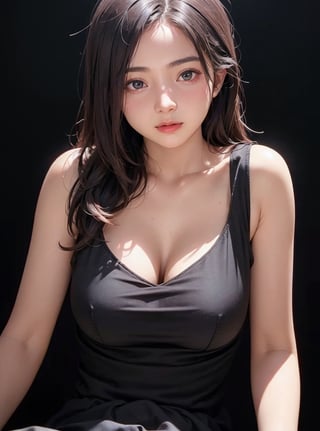 20 years old woman, (photorealistic:1.4, realistic), highly detailed CG unified 8K wallpapers, 1girl, (slender body:0.8), (small breasts:0.7), looking at viewer, (HQ skin:1.4), 8k uhd, dslr, soft lighting, high quality, film grain, Fujifilm XT3, (close up shot:1.2), (black dress, black mini skirt), ((simple background, black background)), b3rli, jiae, perfecteyes,b3rli,jiae