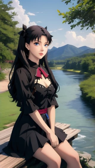 masterpiece, 1girl, beautiful, perfect fingers, cute, sitting nearby tree, river mountain view, sunshine, detailed hands,tohsaka rin