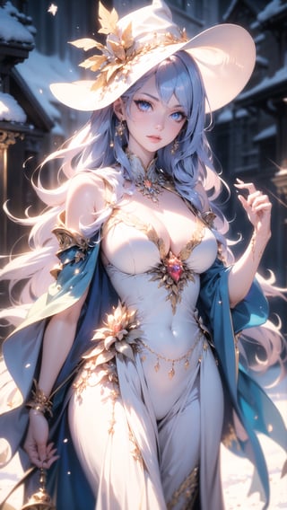 (masterpiece,best quality:1.5), photorealistic, vivid, vibrant ,1girl, solo, looking at viewer, crystalise eyes, ice, white dress, cystalize hair ornaments, white witch, white witch hat, white witch cloak ,glowing,  snow,  glowing eyes, snowy background, winter,GdClth