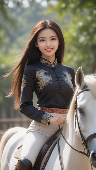 1 woman, on a horse, chinese_clothes, tulle t-shirt, long riding breeches , 18 years old,  beautiful face, huge breasts, long straight hair,  smile, looking at the viewer,  (photorealistic, raw photo),Wonder of Beauty,girl銆�,photo r3al