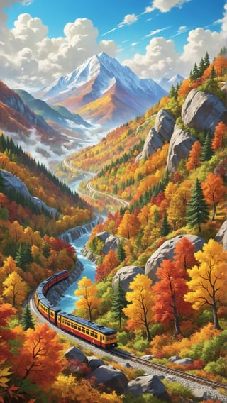 Realistic landscape of rolling mountains blanketed in vibrant autumn foliag,. Include a detailed scene of a train gracefully winding through the valleys between the mountains, showcasing the serene beauty of a journey through the breathtaking autumn scenery.",6000,Forest 