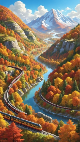 Realistic landscape of rolling mountains blanketed in vibrant autumn foliag,. Include a detailed scene of a train gracefully winding through the valleys between the mountains, showcasing the serene beauty of a journey through the breathtaking autumn scenery.",6000,Forest 