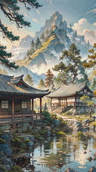 Masterpiece, best quality, ultra-detailed, (no humans: 1.5), distant mountains, ancient Chinese buildings, structurally intact wooden bridges, rivers, boulders, soft natural sunlight, mixed Chinese landscape style elements,japanese_garden_background,LODBG