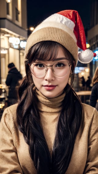 (Best quality, 8k, 32k, Masterpiece, UHD:1.2),Photo of early-twenty Pretty Japanese woman, 1girl, (shoulder length purple ponytail), natural face, double eyelids, glossy plump lips, natural medium breasts, wide hips, long-legged, tall stature, fair complexion, (thick black plastic frame glasses:1.3), (beige coat:1.3), woolen knitted dress, navy pumps heels boots, red scarf, (santa hats:1.3), (midnight, nighttime, dark theme, low key:1.2), dim lit, trees on calm street side, street and shops filled with vivid colors christmas lights, heavy snow, christmas cozy snowy street, sitting on outdoor cafe, crossed-legs, sharp focus, seductive face, sexy eyes, enchanting smile, gaze at camera, from front below, calves focus, ray tracing, overall perspective-based rendering, detailed eyes and facial, detailed real skin texture, detailed hair and fabric rendering, detailed details