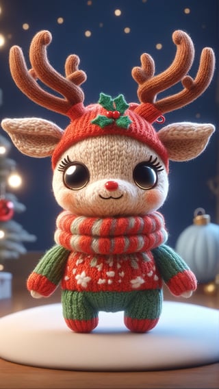 a detailed view photo of a chibi deer made of knitting,simple_night background,hyper detailed, trending on artstation, sharp focus, studio photo,8K,masterpiece,best quality,high resolution,aesthetic portrait,ral-chrcrts,christmas,sweetscape