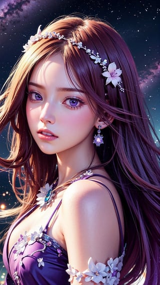 masterpiece, best quality, ultra-detailed, illustration, , , 1girl,solo, image body, flower, looking at viewer, , , purple eyes, jewel-like eyes, extremely detailed eyes, extremely detailed face,, , star (sky), constellation, purple energy, railing, meteor,nm1