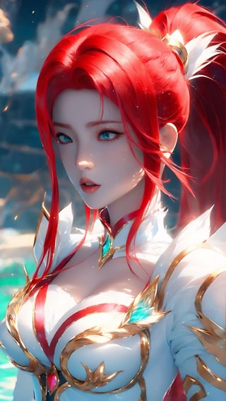 a close up of a woman in a white dress in a body of water, anime goddess, red haired goddess, rias gremory, erza scarlet as a real person, beautiful alluring anime woman, 8k high quality detailed art, miss fortune league of legends, ayaka game genshin impact, ayaka genshin impact, seductive anime girl,1 girl,bbyorf,mecha,high_school_girl