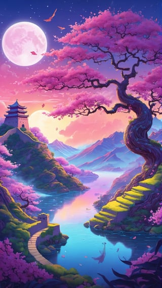 Luminous Reverie: Purple Trees at Heavenly Dawn, a detailed digital painting by Justin Gerard influenced by Beeple and Jeremiah Ketner, depicting the Great Wall of China, Standing majestically in the middle of the tranquil lake. The vista captures the skylight of the rising moon and brilliant sunrise, illuminating the trees and surrounding cherry blossom grove. Surrounded by the ancient Great Wall, the tree itself seems to exude a peaceful smile, as if in harmony with the rhythm of nature's blossoming flowers. The overall composition is stunningly perfect, capturing the influence of psychedelic art in an incredibly detailed way. How to Draw: Techniques that skillfully blend celestial and psychedelic elements against the backdrop of sunset and sunrise light to create awe-inspiring great compositions with intricate detail. , Mysteriousdd