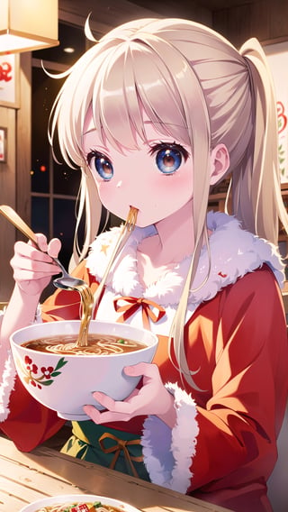 (Masterpiece, Top Quality, High Quality, Best Picture Score: 1.3), Perfect Beauty: 1.5, blonde hair, long hair, (Santa Claus costume), one person, eating ramen, ramen store, using a fork, using a bamboo ladle, not large bowl,brown eyes