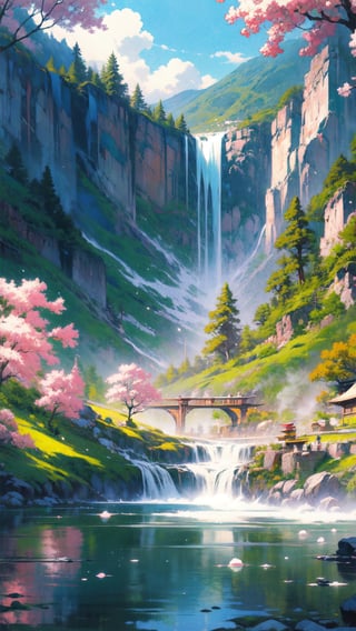 (best quality), (high resolution), (4k resolution), The image is a digital painting of a serene and beautiful landscape. It captures the tranquility of a waterfall cascading down a mountain in the background, with a stone bridge in the foreground. Traditional Japanese buildings, with their characteristic wooden roofs, nestle amidst pink cherry blossom trees, adding a touch of cultural charm. The painting is vertical, lending a sense of depth to the scene. The soft color palette and the peaceful mood of the image evoke a sense of calm and harmony. This artwork is a testament to the beauty of nature and traditional architecture, seamlessly blending them into a captivating visual narrative.,sle,EpicArt