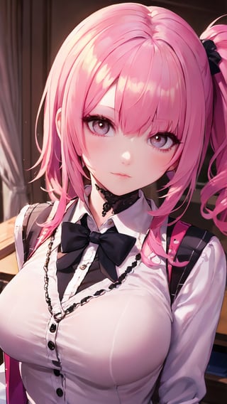 masterpiece, best quality, incredibly absurdress, highres, high detail eyes, high detail background,1girl,pink hair with two ponytails,looking at viewer,school,school uniform