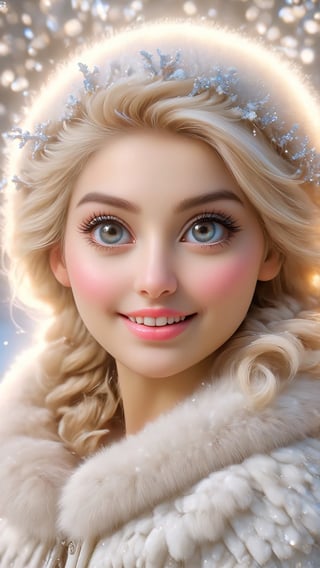 (best quality, 4k, 8k, highres, masterpiece:1.2), ultra-detailed, (realistic, photorealistic, photo-realistic:1.37), portrait, beautiful and smiling caucasian woman, cinematic, winter clothes, Ondas e Nuances, detailed symmetric hazel eyes, circular iris, vivid colors, winter scenery, soft snowflakes falling, icy breath, rosy cheeks, pure white background, subtle warm lighting, innocence and radiance, sparkling eyes, joyful expression, luxurious fur trim on the clothing, frosty winter air, subtle wind blowing through her hair, subtle hint of pink in her lips, elegant posture, confident stance, delicate snowflakes decorating her hair, long flowing blonde hair, wonder and serenity in her gaze, captivating beauty, snow-covered trees in the background, peaceful and enchanting winter scene.