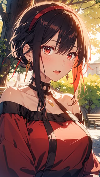 (masterpiece,  best quality), upper body,  light rays,  day,  looking at viewer,  1girl,  depth of field, YorForger, red eyes,  bangs,  (white hairband:1.3),  long hair,  earrings,  red dress,  red off-shoulder sweater,  sweater,  bare neck,  red skirt,  pencil skirt,  pantyhose,  bare shoulder,  long sleeves,  open mouth,  outdoors,  park,  trees, sweater dress, , , ,YorForger